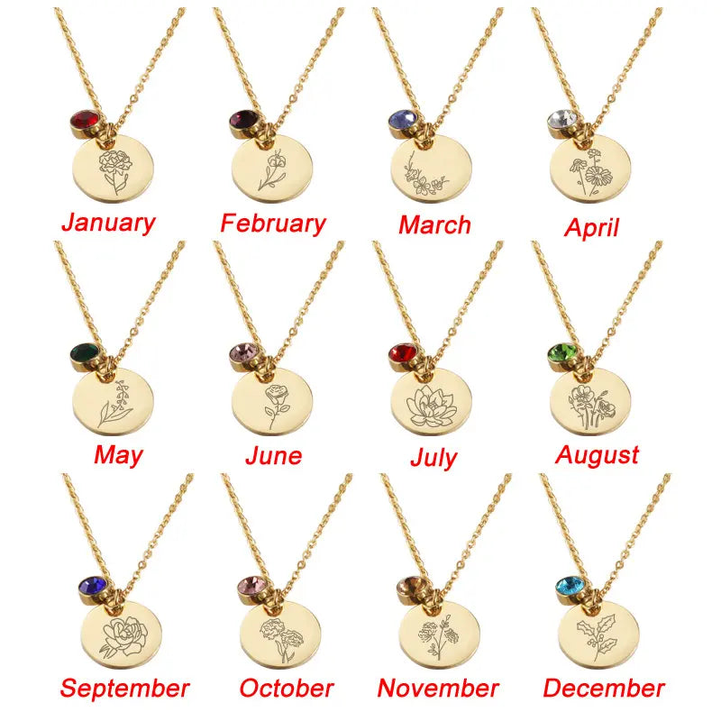 November Birth Flower Necklace,Birth Flower Disc Necklaces for Women with Birthstone Stainless Steel/Gold Plated/Sterling Silver Jan. to Dec. Guardian Month Floral Pendant Dainty Jewelry