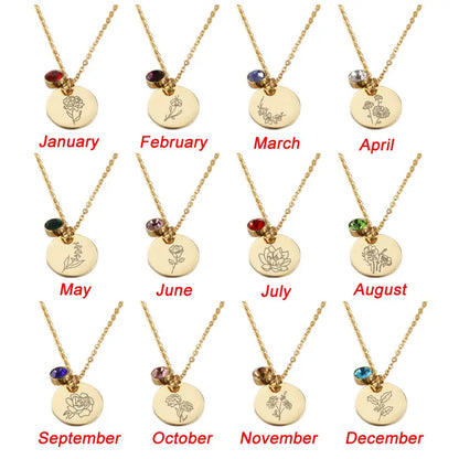 November Birth Flower Necklace,Birth Flower Disc Necklaces for Women with Birthstone Stainless Steel/Gold Plated/Sterling Silver Jan. to Dec. Guardian Month Floral Pendant Dainty Jewelry