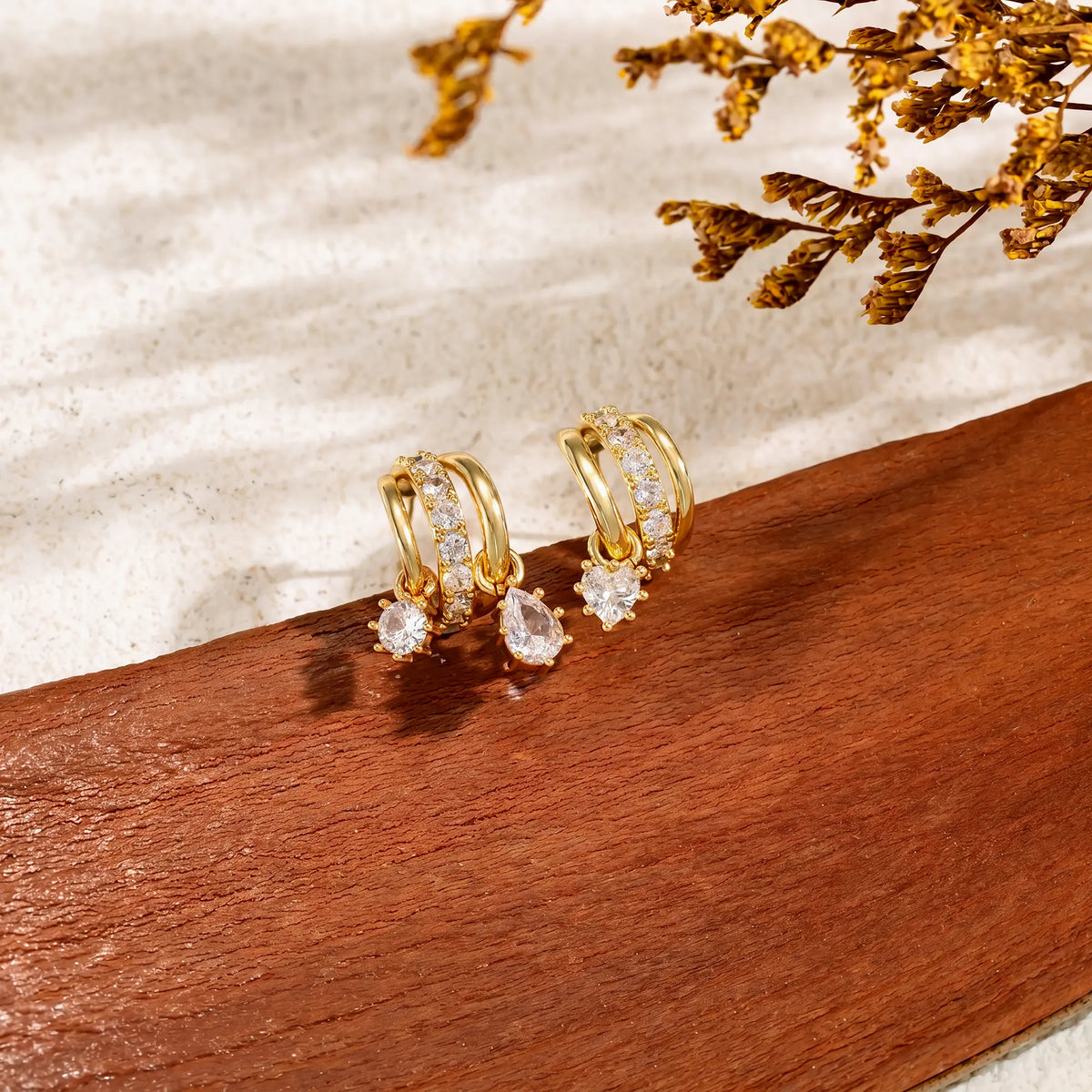 Dearmay Women'S 14 Karat Gold-Plated Asymmetrical Earrings, Single-Pendant & Double-Pendant with Zircon, Jewelry Gift for Girls