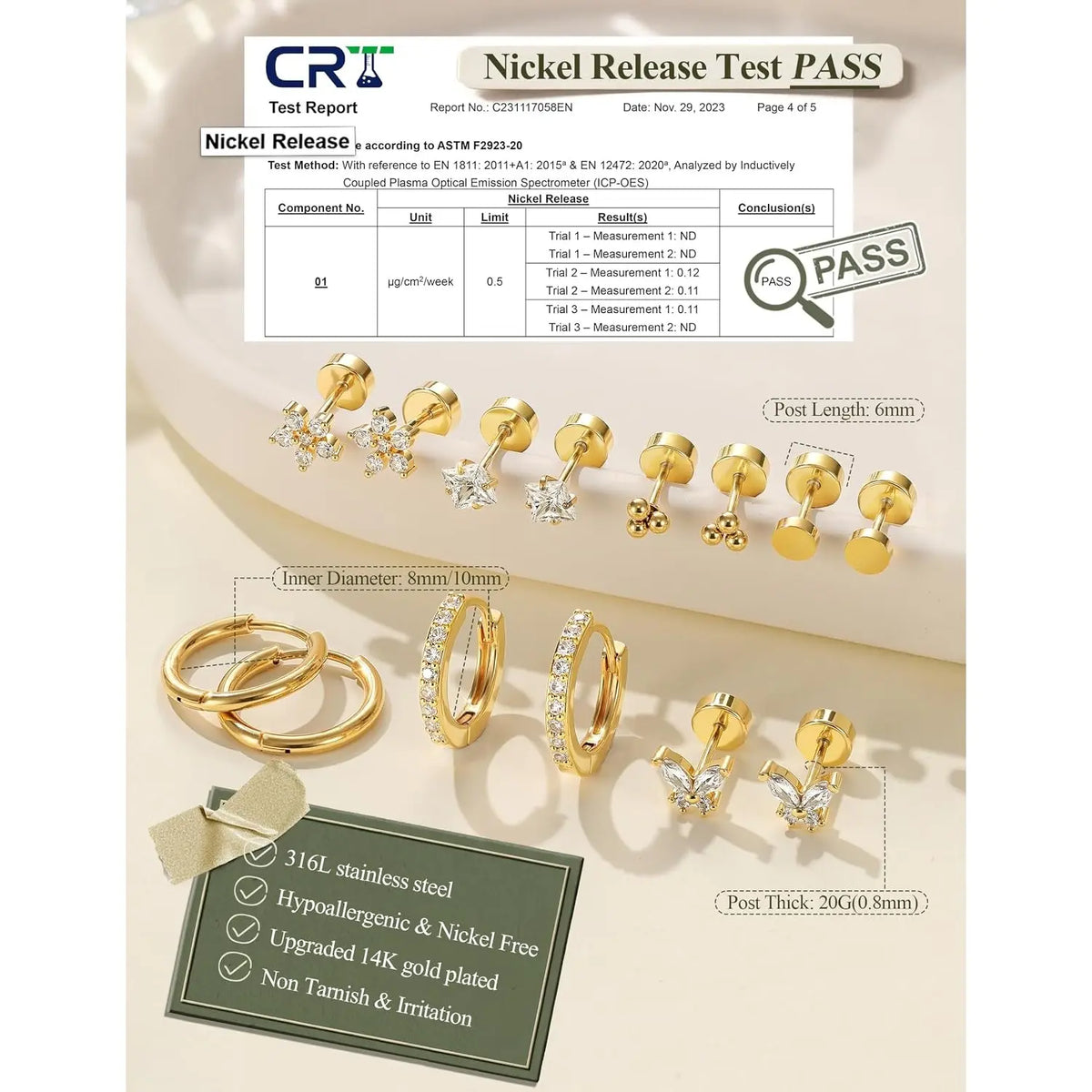 12 Pairs Gold-Toned Stackable Stainless Steel Jewelry Earrings - Hypoallergenic Surgical Steel 14K Gold Studs, Flat Back Helix Stud Earrings for Men, Sensitive Ears