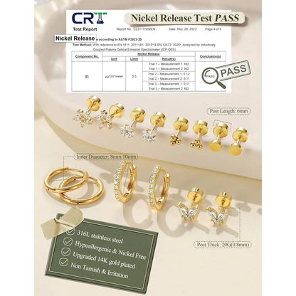 12 Pairs Gold-Toned Stackable Stainless Steel Jewelry Earrings - Hypoallergenic Surgical Steel 14K Gold Studs, Flat Back Helix Stud Earrings for Men, Sensitive Ears