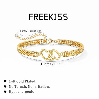 FREEKISS Gold Interlocking Heart Bracelet, Double-Strand Faceted Cuban Chain Bracelet, Women'S Bracelet, Delicate Jewelry, Hollow Heart Bracelet, Suitable for Various Occasions