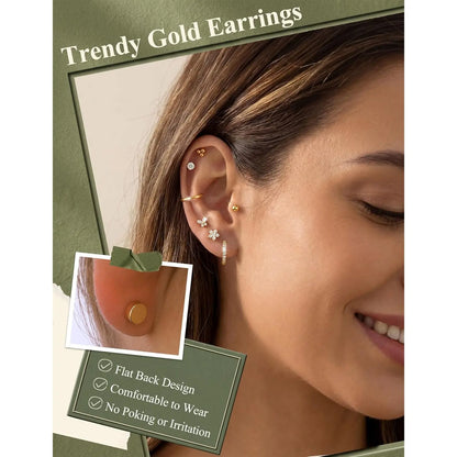 12 Pairs Gold-Toned Stackable Stainless Steel Jewelry Earrings - Hypoallergenic Surgical Steel 14K Gold Studs, Flat Back Helix Stud Earrings for Men, Sensitive Ears