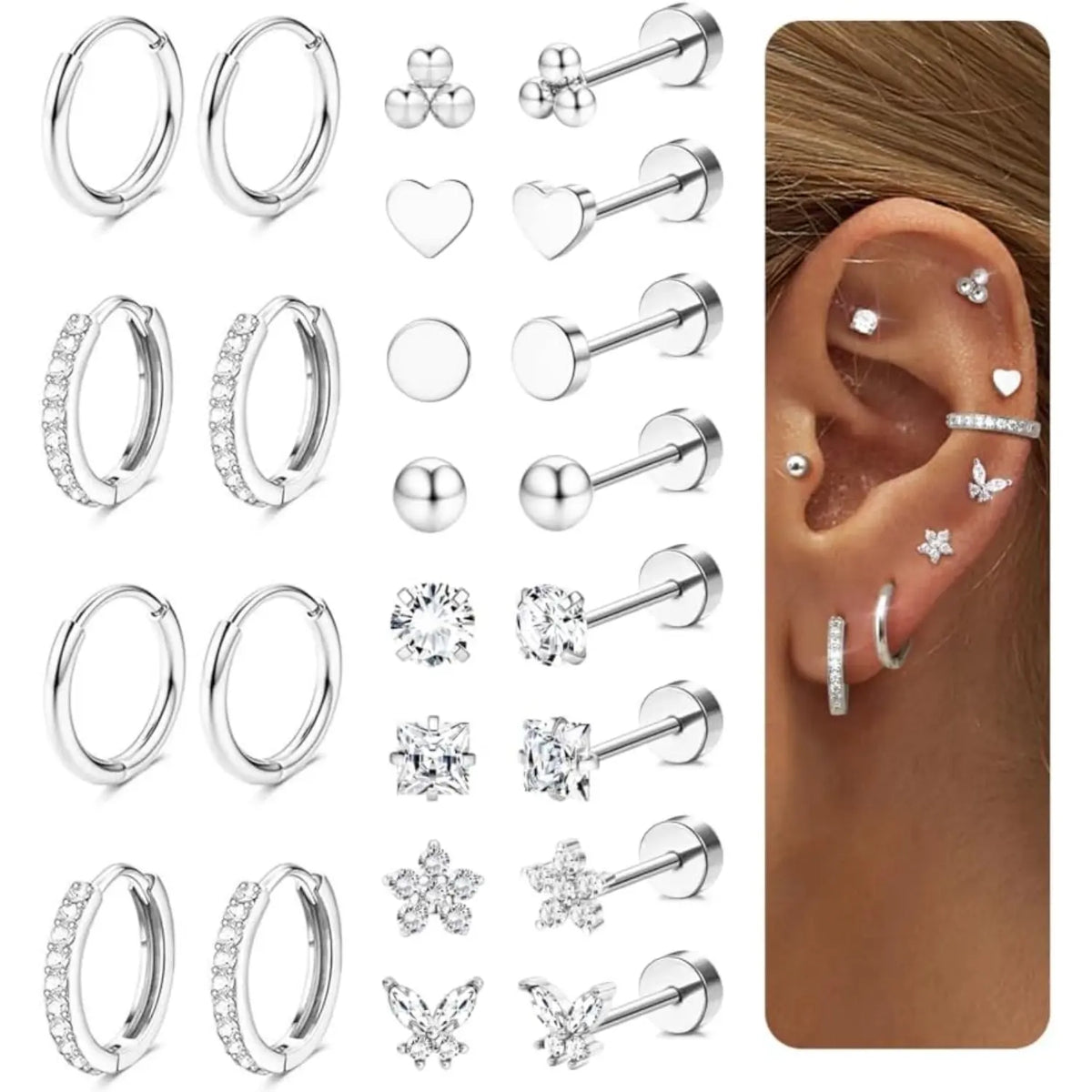 12 Pairs Gold-Toned Stackable Stainless Steel Jewelry Earrings - Hypoallergenic Surgical Steel 14K Gold Studs, Flat Back Helix Stud Earrings for Men, Sensitive Ears