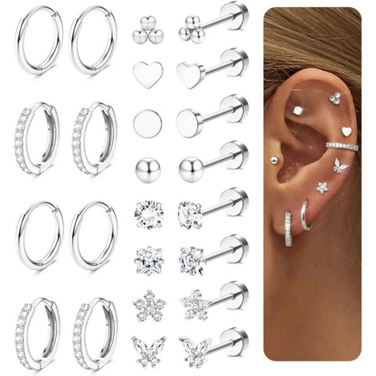 12 Pairs Gold-Toned Stackable Stainless Steel Jewelry Earrings - Hypoallergenic Surgical Steel 14K Gold Studs, Flat Back Helix Stud Earrings for Men, Sensitive Ears
