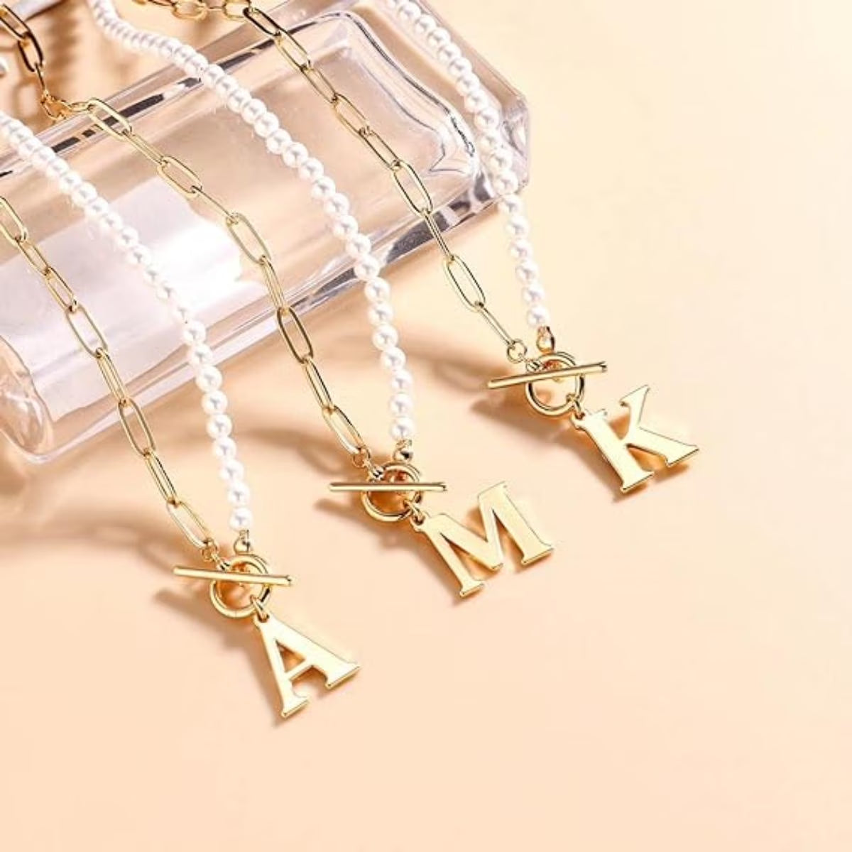 Gold Initial Pearl Necklace for Women, 14K Gold Plated Paperclip Link Chain Necklace Initial Pendant Necklaces A-Z English Alphabet Necklace Jewelry Gifts