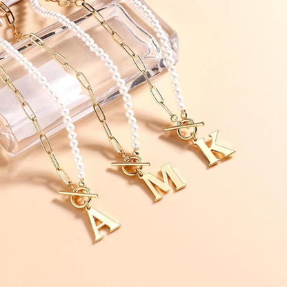 Gold Initial Pearl Necklace for Women, 14K Gold Plated Paperclip Link Chain Necklace Initial Pendant Necklaces A-Z English Alphabet Necklace Jewelry Gifts