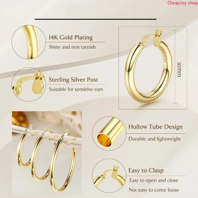 14K Chunky Gold Hoop Earrings for Women 925 Sterling Silver Post Hollow Tube Hoops Earrings 4Mm Thick Hoop Earrings Hypoallergenic Lightweight Gold Big Large Hoop Earrings 25/30/40/50/60/70MM, Gold Jewelry, Accessories