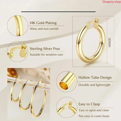 14K Chunky Gold Hoop Earrings for Women 925 Sterling Silver Post Hollow Tube Hoops Earrings 4Mm Thick Hoop Earrings Hypoallergenic Lightweight Gold Big Large Hoop Earrings 25/30/40/50/60/70MM, Gold Jewelry, Accessories