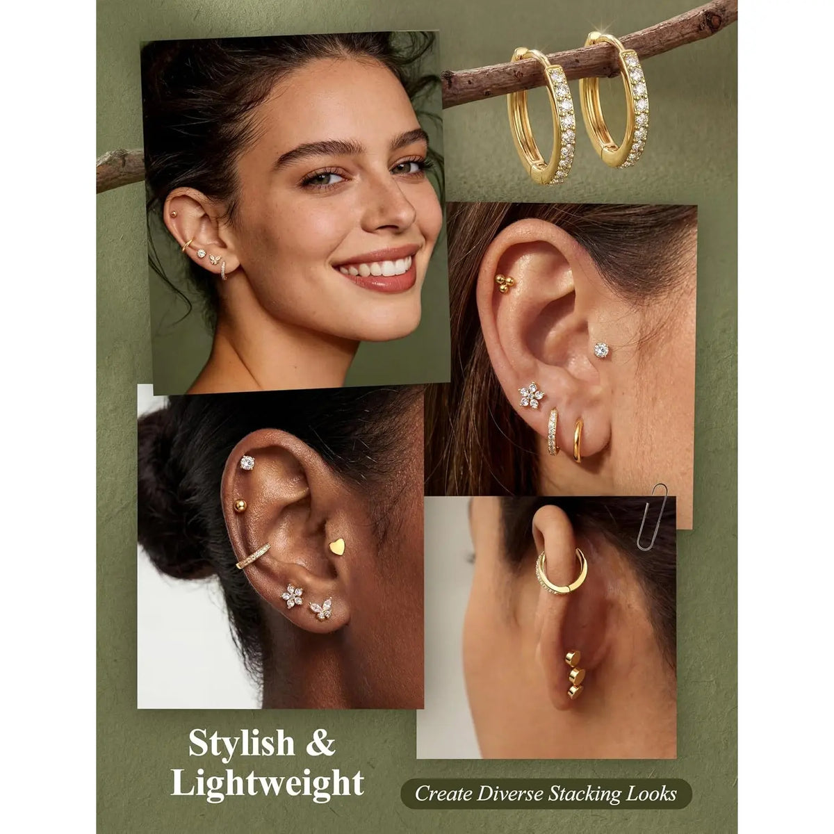 12 Pairs Gold-Toned Stackable Stainless Steel Jewelry Earrings - Hypoallergenic Surgical Steel 14K Gold Studs, Flat Back Helix Stud Earrings for Men, Sensitive Ears
