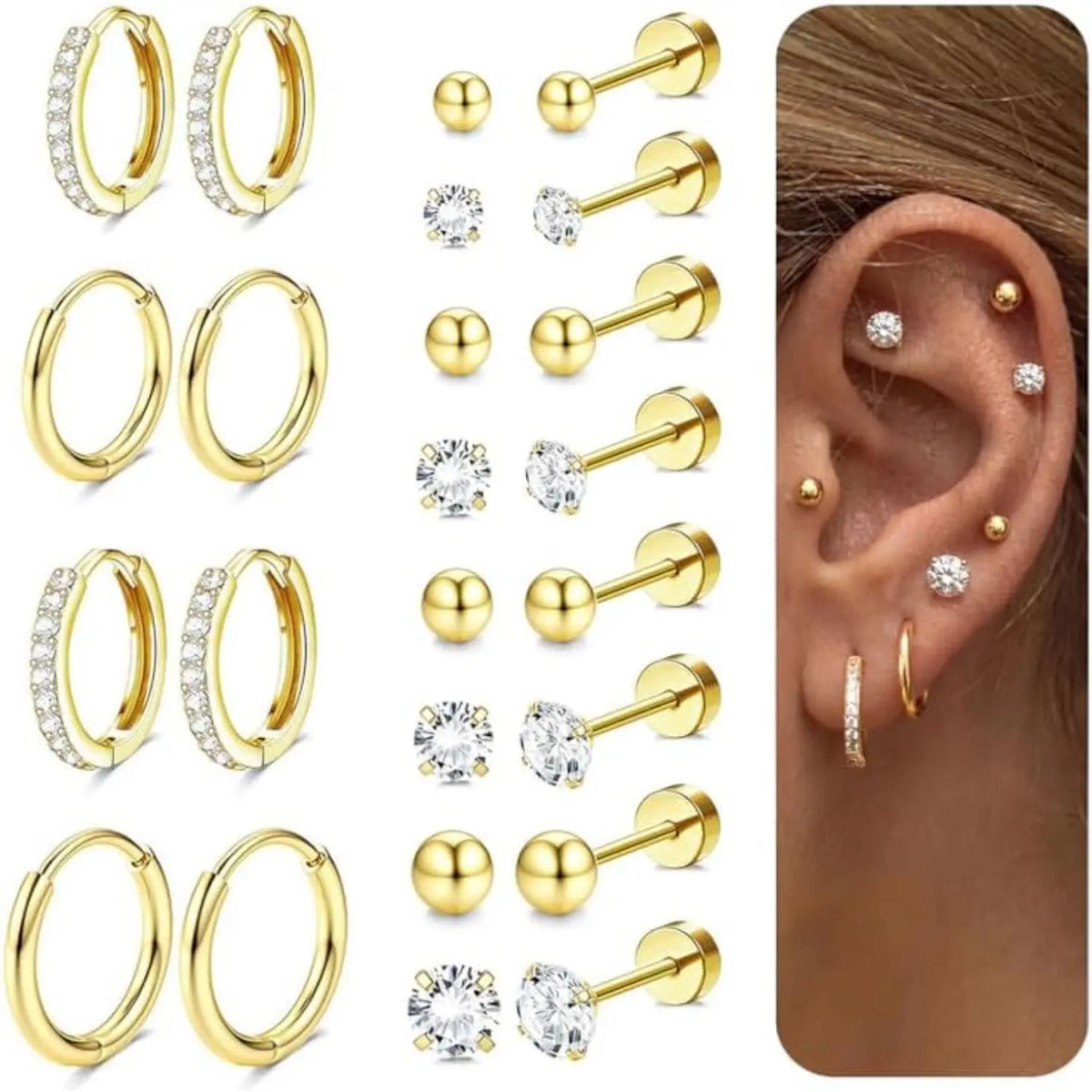 12 Pairs Gold-Toned Stackable Stainless Steel Jewelry Earrings - Hypoallergenic Surgical Steel 14K Gold Studs, Flat Back Helix Stud Earrings for Men, Sensitive Ears