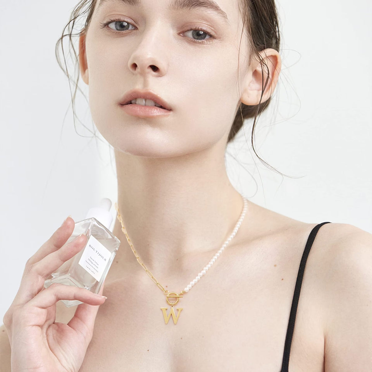 Gold Initial Pearl Necklace for Women, 14K Gold Plated Paperclip Link Chain Necklace Initial Pendant Necklaces A-Z English Alphabet Necklace Jewelry Gifts