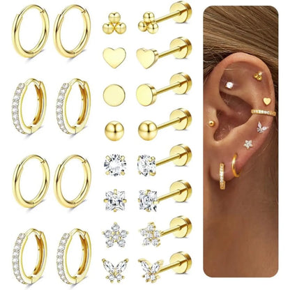 12 Pairs Gold-Toned Stackable Stainless Steel Jewelry Earrings - Hypoallergenic Surgical Steel 14K Gold Studs, Flat Back Helix Stud Earrings for Men, Sensitive Ears