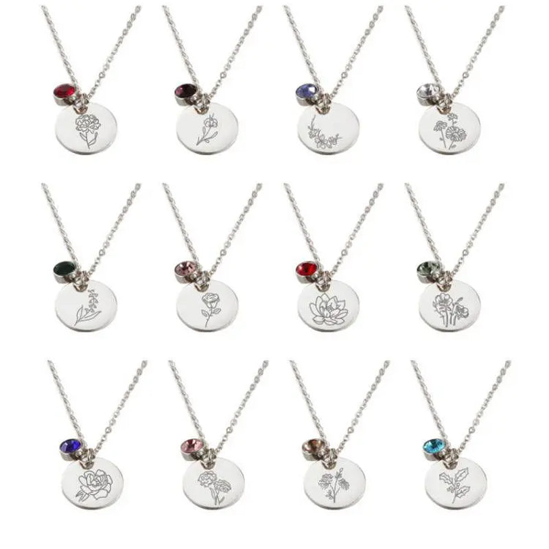 November Birth Flower Necklace,Birth Flower Disc Necklaces for Women with Birthstone Stainless Steel/Gold Plated/Sterling Silver Jan. to Dec. Guardian Month Floral Pendant Dainty Jewelry