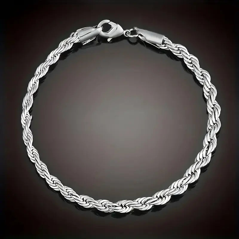 Women'S 925 Sterling Silver 2-Piece Twisted Rope Chain Necklace and Bracelet Set - Basic Unisex Rope Chain Jewelry Sets, Classic Elegant Non-Mosaic Plated Accessory, Elegant Enough for Daily Outings or Gifting,Sohochic