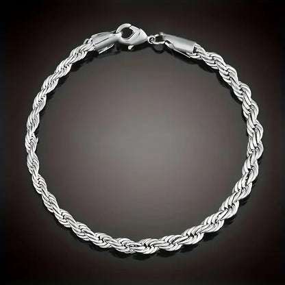 Women'S 925 Sterling Silver 2-Piece Twisted Rope Chain Necklace and Bracelet Set - Basic Unisex Rope Chain Jewelry Sets, Classic Elegant Non-Mosaic Plated Accessory, Elegant Enough for Daily Outings or Gifting,Sohochic