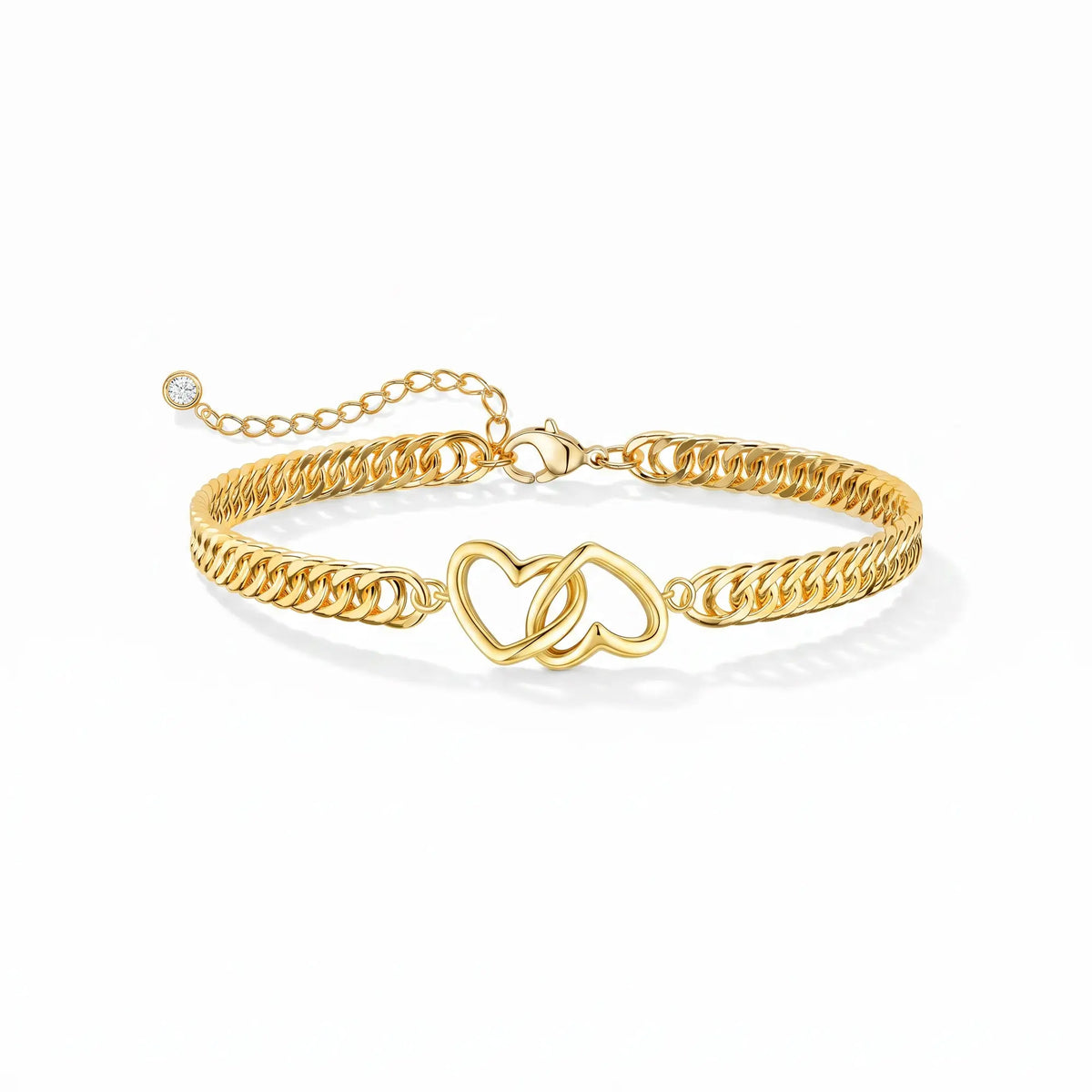 FREEKISS Gold Interlocking Heart Bracelet, Double-Strand Faceted Cuban Chain Bracelet, Women'S Bracelet, Delicate Jewelry, Hollow Heart Bracelet, Suitable for Various Occasions