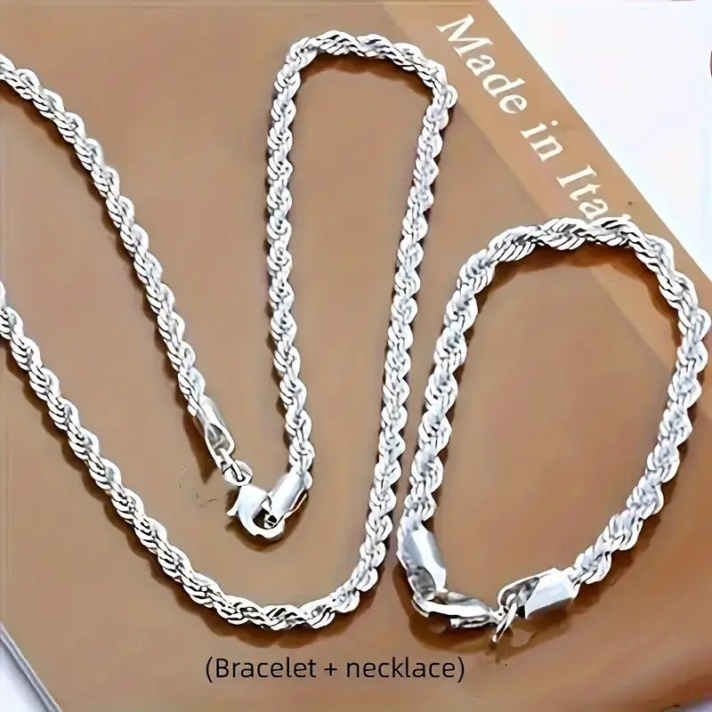 Women'S 925 Sterling Silver 2-Piece Twisted Rope Chain Necklace and Bracelet Set - Basic Unisex Rope Chain Jewelry Sets, Classic Elegant Non-Mosaic Plated Accessory, Elegant Enough for Daily Outings or Gifting,Sohochic