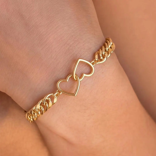 FREEKISS Gold Interlocking Heart Bracelet, Double-Strand Faceted Cuban Chain Bracelet, Women'S Bracelet, Delicate Jewelry, Hollow Heart Bracelet, Suitable for Various Occasions