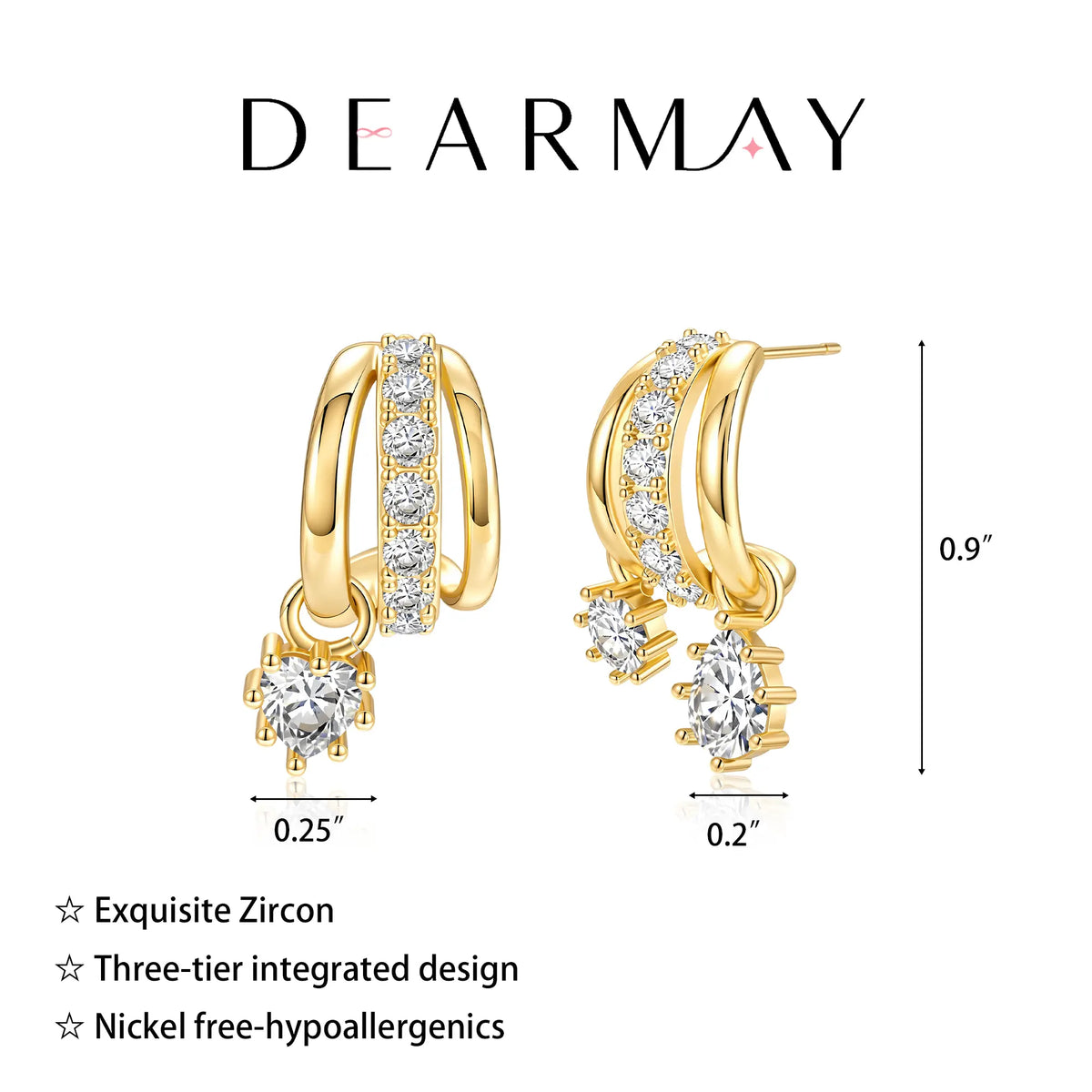 Dearmay Women'S 14 Karat Gold-Plated Asymmetrical Earrings, Single-Pendant & Double-Pendant with Zircon, Jewelry Gift for Girls