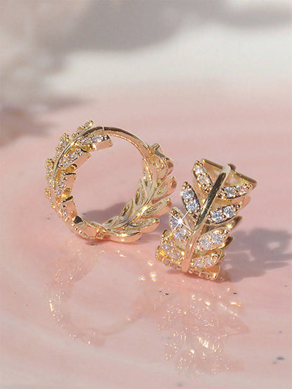 Women'S Leaf-Shaped Zircon Earrings, Shining Earrings, Fashionable Earrings, Casual Copper Inlaid Zircon Composition Dainty Gift for Women, All-Season Party Accessories, Anniversary Wedding Gifts