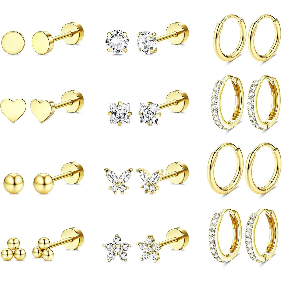 12 Pairs Gold-Toned Stackable Stainless Steel Jewelry Earrings - Hypoallergenic Surgical Steel 14K Gold Studs, Flat Back Helix Stud Earrings for Men, Sensitive Ears