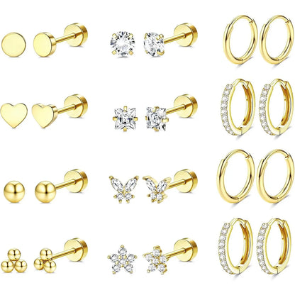 12 Pairs Gold-Toned Stackable Stainless Steel Jewelry Earrings - Hypoallergenic Surgical Steel 14K Gold Studs, Flat Back Helix Stud Earrings for Men, Sensitive Ears
