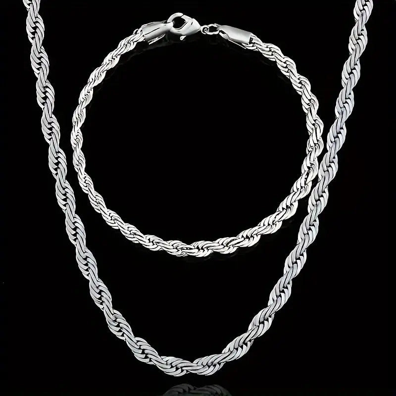 Women'S 925 Sterling Silver 2-Piece Twisted Rope Chain Necklace and Bracelet Set - Basic Unisex Rope Chain Jewelry Sets, Classic Elegant Non-Mosaic Plated Accessory, Elegant Enough for Daily Outings or Gifting,Sohochic