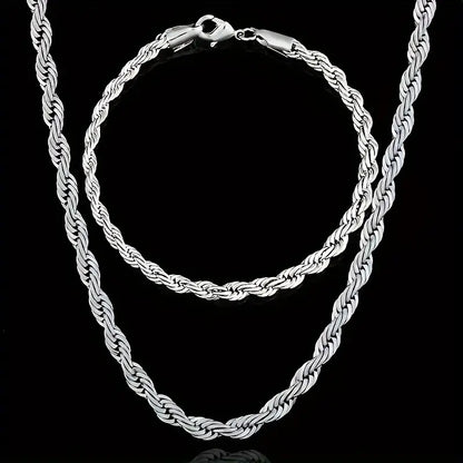 Women'S 925 Sterling Silver 2-Piece Twisted Rope Chain Necklace and Bracelet Set - Basic Unisex Rope Chain Jewelry Sets, Classic Elegant Non-Mosaic Plated Accessory, Elegant Enough for Daily Outings or Gifting,Sohochic
