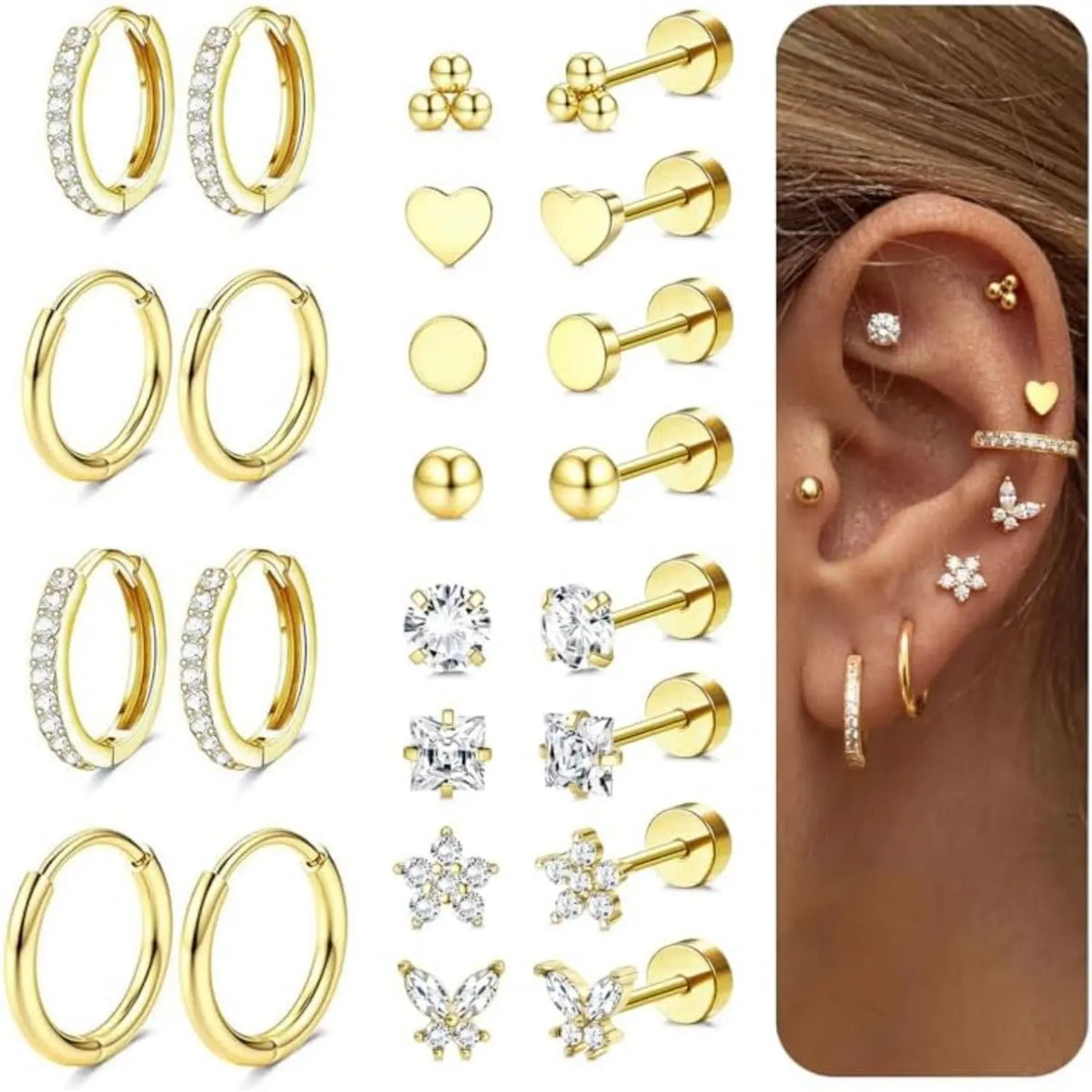 12 Pairs Gold-Toned Stackable Stainless Steel Jewelry Earrings - Hypoallergenic Surgical Steel 14K Gold Studs, Flat Back Helix Stud Earrings for Men, Sensitive Ears