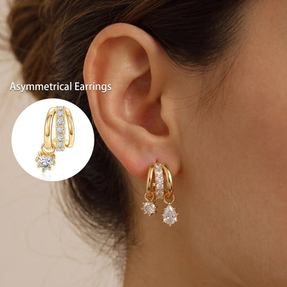Dearmay Women'S 14 Karat Gold-Plated Asymmetrical Earrings, Single-Pendant & Double-Pendant with Zircon, Jewelry Gift for Girls