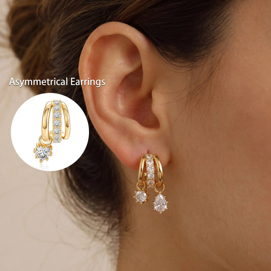 Dearmay Women'S 14 Karat Gold-Plated Asymmetrical Earrings, Single-Pendant & Double-Pendant with Zircon, Jewelry Gift for Girls