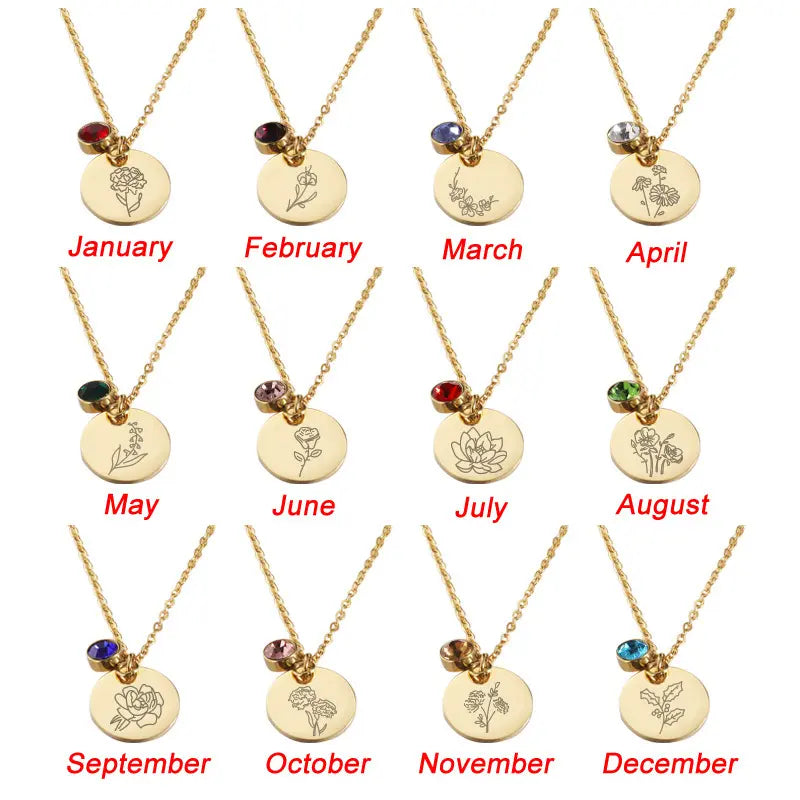 November Birth Flower Necklace,Birth Flower Disc Necklaces for Women with Birthstone Stainless Steel/Gold Plated/Sterling Silver Jan. to Dec. Guardian Month Floral Pendant Dainty Jewelry