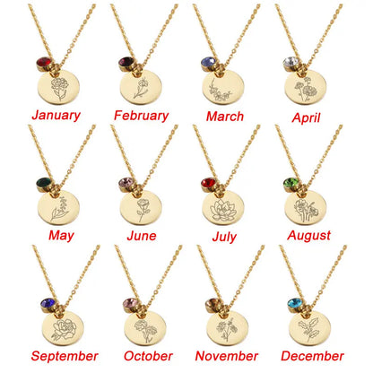 November Birth Flower Necklace,Birth Flower Disc Necklaces for Women with Birthstone Stainless Steel/Gold Plated/Sterling Silver Jan. to Dec. Guardian Month Floral Pendant Dainty Jewelry