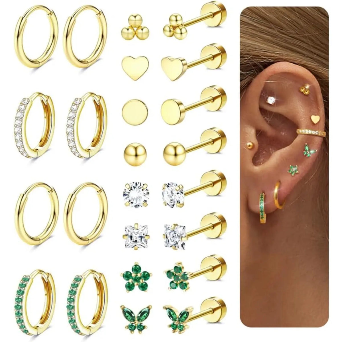 12 Pairs Gold-Toned Stackable Stainless Steel Jewelry Earrings - Hypoallergenic Surgical Steel 14K Gold Studs, Flat Back Helix Stud Earrings for Men, Sensitive Ears